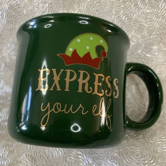 Express Your Elf Mug Green Ceramic Coffee Tea Cocoa Large 2 Pc Set Santa Helper - Picture 8 of 13